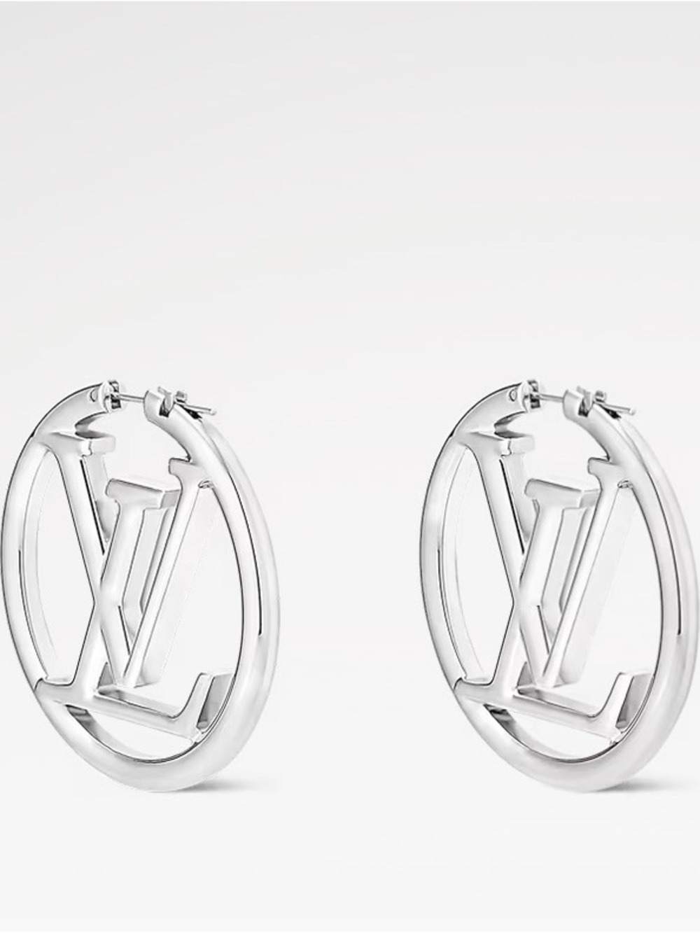 18k White Gold Plated LV Monogram Hoop Earrings - Picture 3 of 5